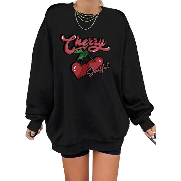 ⚡Women Black Cherry Imported Graphic Crewneck Long Sleeve Pullover Sweatshirt - Picture 2 of 5